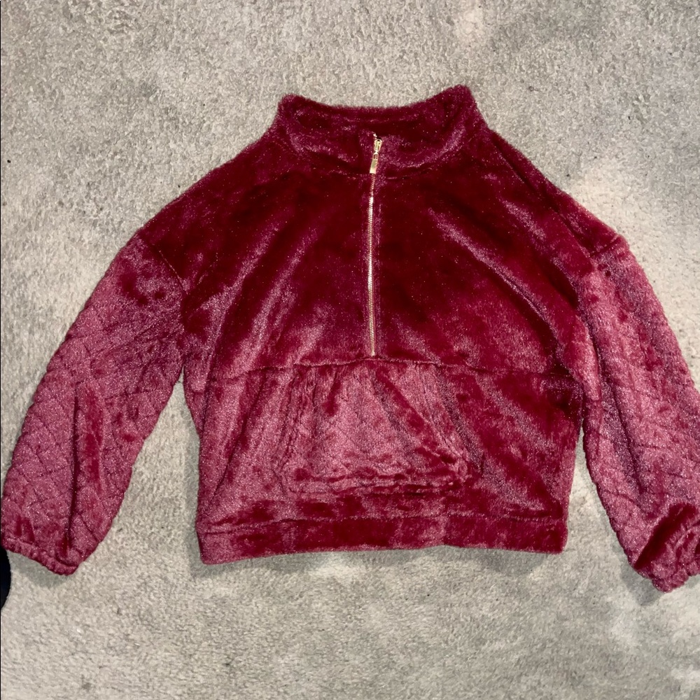 Furry Burgundy cropped zip up ( gold zipper)